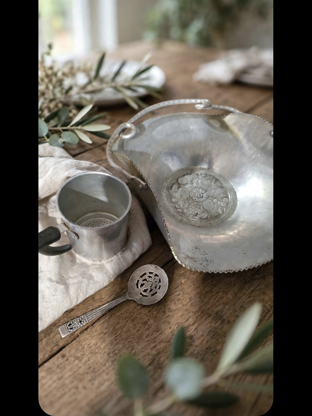 Vintage Silver Plate Handled Basket Tray + Pierced Bon Bon Spoon Set - Hammered